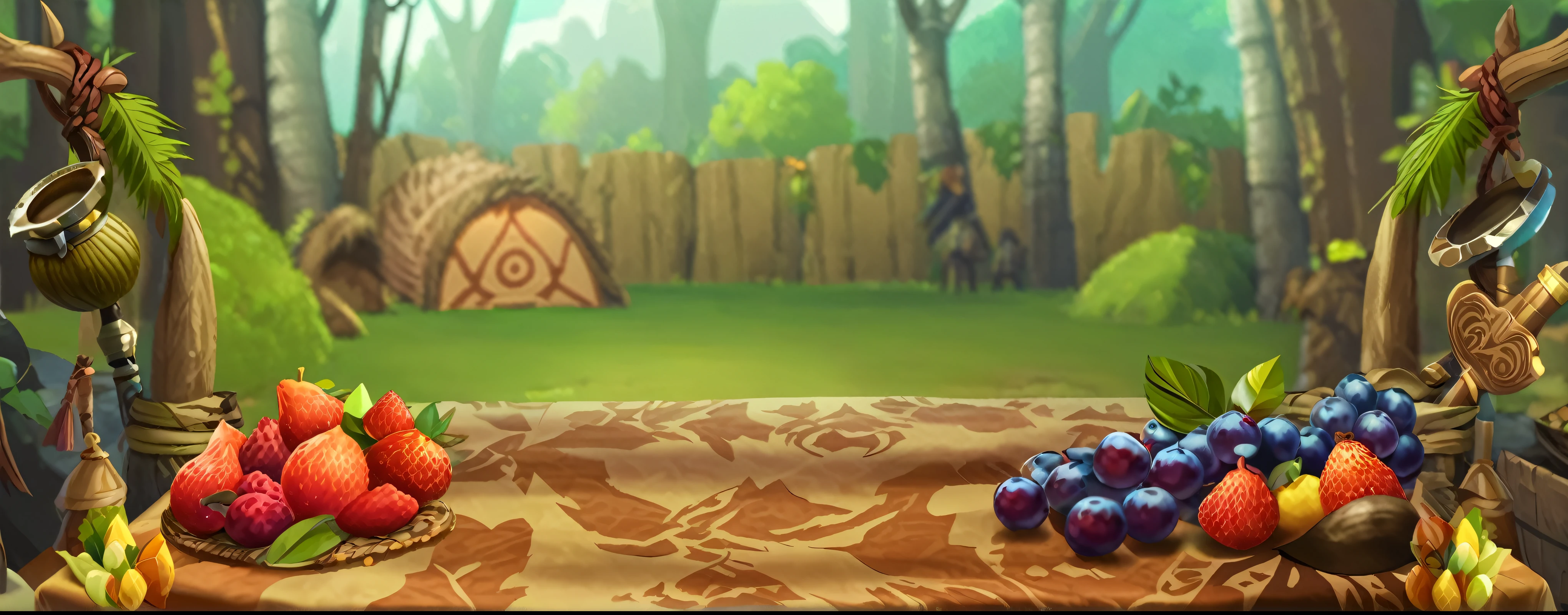 There is a table,Tablecloth made of animal skin,primitive,tribe,There is a bunch of fruit on it, Whole Fruit,background technology, Cartoon Style,2D Game Art Background, Game Background, Odin's Stone Arena Background,2d Game Background, Elf Forest background, mobile Game Background, background technologywork,, Realistic background, Fantasy tavern background, Stylized game art, Forest background, Woodland Background, 8K,Ultra-clear,Lots of detail,