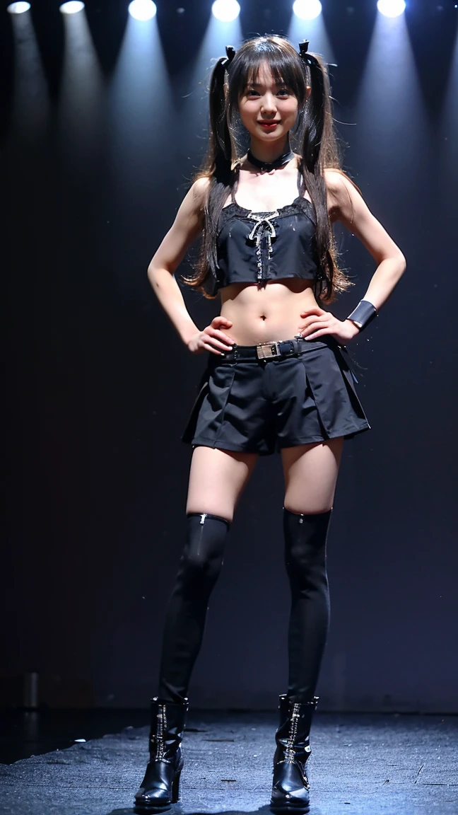 (8k、RAW Photos、highest quality、masterpiece:1.2)、(Realistic、Realistic)、1 girl、((belly button、Twin tails、smile、Ribbon on chest、Easy Through、boots、Big chest hair、View from the front、stage、Spotlight、Standing with hands on hips))、Lots of eyelashes、Glowing eyelids、skeletally correct