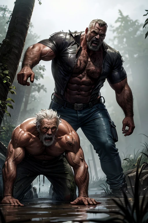 a muscular old grandfather was being attacked by zombies and some of the zombies tore his stomach apart in the swamp