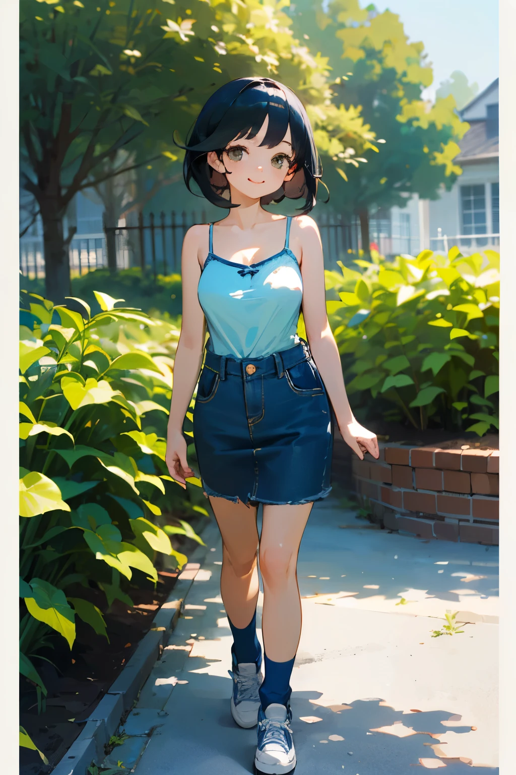 (high quality, High resolution, Very detailed, reality:1.37), Peaceful atmosphere, (Outdoor, garden), Teenage girl standing alone, (my breasts are big.), Beautiful details, Cute Smile, (Black bob hair), camisole, Denim skirt, Blue socks, sneakers.