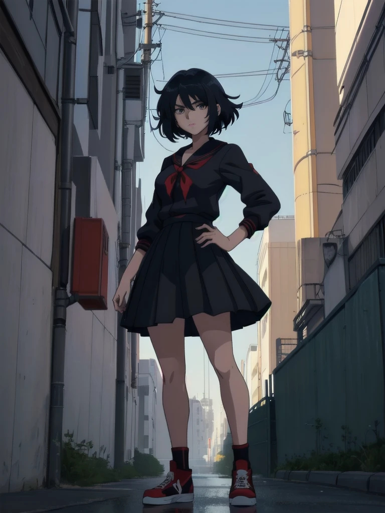 (perfect composition), (high resolution, masterpiece, ultra best quality, ultra HD, 4k,HD, high detailed ),anime character Sukeban delinquent girl  standing on a city street corner in black seifuku with black very long skirt, anime style. 8k, anime style mixed with fujifilm, retro anime girl, anime styled digital art, in tokyo, anime style illustration, anime style 4 k, anime style artwork, anime poster film still portrait, tokyo anime scene, modern anime style, anime style digital art, short hair, 26year old, red converse,