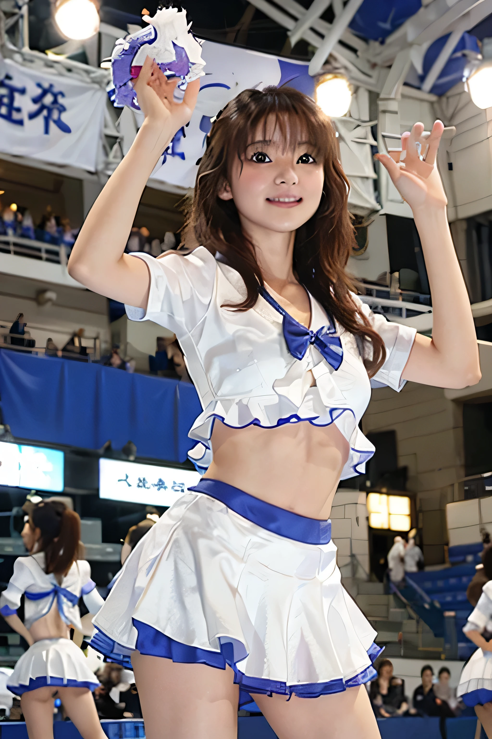 Beautiful Japanese idol cheerleader poster,Painting,High resolution,Very detailed,Realistic:1.37,Bright colors,High resolution,Studio Lighting,Sharp focus, Dance cheerfully,Smile happily,Perfect Makeup,Great costumes, Crowd cheers,An exciting atmosphere,Dynamic pose,expressive movement, Beautiful Hair,Sparkling eyes,Rose Cheeks,Fuller lips, White pom-poms,Shining Spotlight, Captivating performance,Cheerful cheers,Unforgettable memories、
