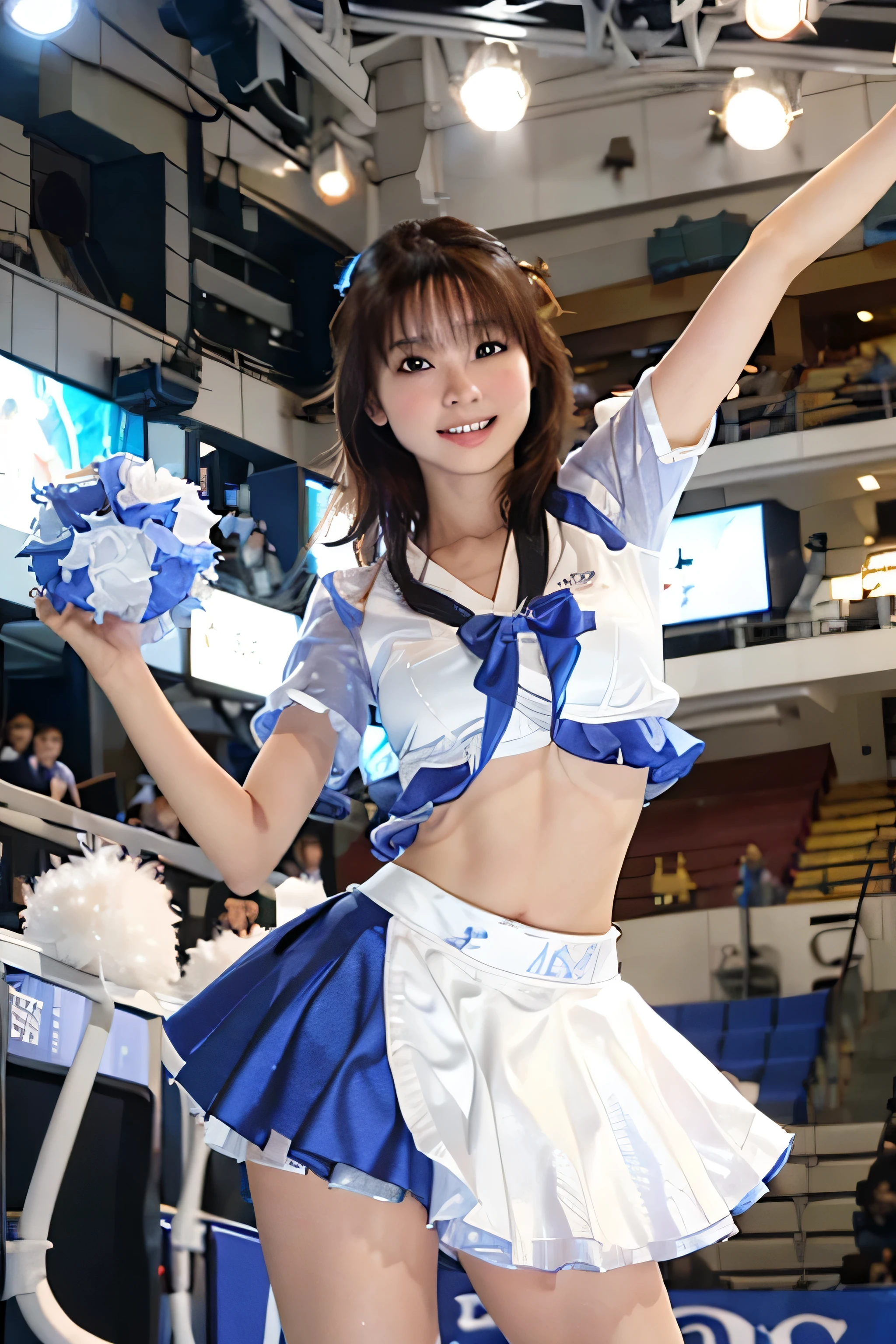 Beautiful Japanese idol cheerleader poster,Painting,High resolution,Very detailed,Realistic:1.37,Bright colors,High resolution,Studio Lighting,Sharp focus, Dance cheerfully,Smile happily,Perfect Makeup,Great costumes, Crowd cheers,An exciting atmosphere,Dynamic pose,expressive movement, Beautiful Hair,Sparkling eyes,Rose Cheeks,Fuller lips, White pom-poms,Shining Spotlight, Captivating performance,Cheerful cheers,Unforgettable memories、
