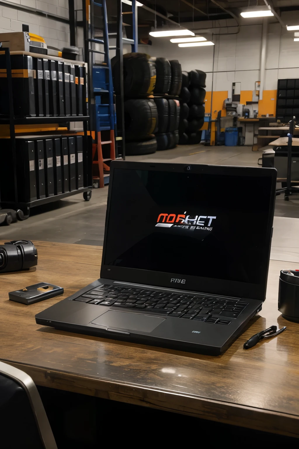 A laptop with the screen facing the viewer is on a desk set between tires and tools, in a tire service building.