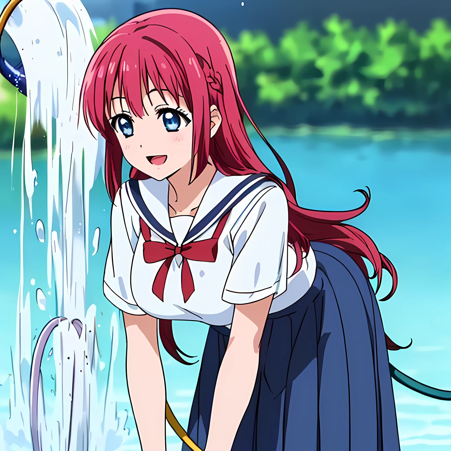 highest quality, (masterpiece:1.2), Very detailed, Game CG, ((((Very beautiful school uniform1A girl is bending over to drink water from a hose)))), ((The girl everyone loves)), (((Very beautiful long pink hair))), ((((Yellow sailor suit)))), ((Sailor uniforms have blue lines)), ((Dark navy blue checked long skirt)), ((((Very beautiful and shining eyes)))), ((Very long eyelashes)), A big red ribbon on the chest, ((An elegant expression like a noble princess)), (((Beautiful and great smile))), Small face and great posture, ((Give the viewer a heavenly feeling of happiness)), (((Blur the background))), ((A very compassionate face)), ((Anime heroine smiling and open mouth)), ((Slender and shapely breasts)), ((Shooting from the side)), (((Water spurting from an upward-facing hose)))
