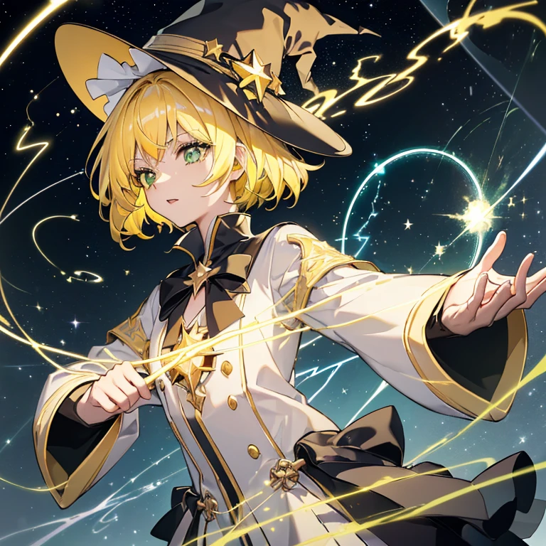 ((Yellow Hair magic circle Witch Hat Green Eyes)) ((thunder Blitz thunderの杖 starのペンダント electricity lightning)) (Magic Robe shine star Streaks of Light Black Hole) moon 彗star incantation Runes cool