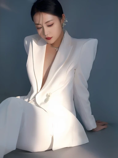 there is a woman sitting on the floor wearing a White suit, wearing futuristic White suit, wearing White suit, White suit, A beautiful woman in white, Home, Elegant digital art, High end fashion shoot, Amazingly graceful pose, Inspired by Huang Ji, Inspired by Zhang Yan, Elegant posture, Inspired by Wang Lu, Girl in a suit