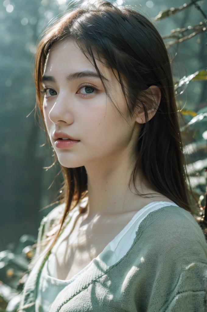 ( masterpiece, top quality, best quality,8k,17 years old girl,ultra detailed,raw photo:1.5),(photorealistic:1.4),(cinematic lighting), PerfectNwsjMajic, , Surrealism, UHD, ccurate, Super detail, textured skin, High detail, Best quality, dynamic angle, (high nose,White skin),[Beautiful blue eyes],[flat chest:large breasts:0.5],(1girl),(good anatomy:0.5)), shiny skin,detailed skin,detailed face,detailed eyes, beautiful japanese girl, in the deep forest, (fog:1.2), raining, puddle, mist, water, pour down, many trees, upper body