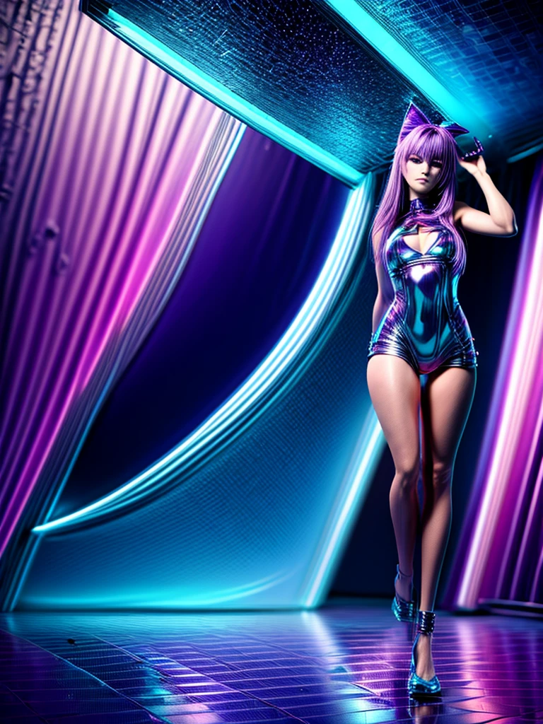 Best Quality, 1girl ,20years, Full Length, High Quality ,sexy beauty, Perfect body figure, Purple hair, sexy clothes, Latex,,The head turned, lookIn the eye of the viewer, looking over your shoulder at the first person, on the comic scene(pylon) , night, starry sky