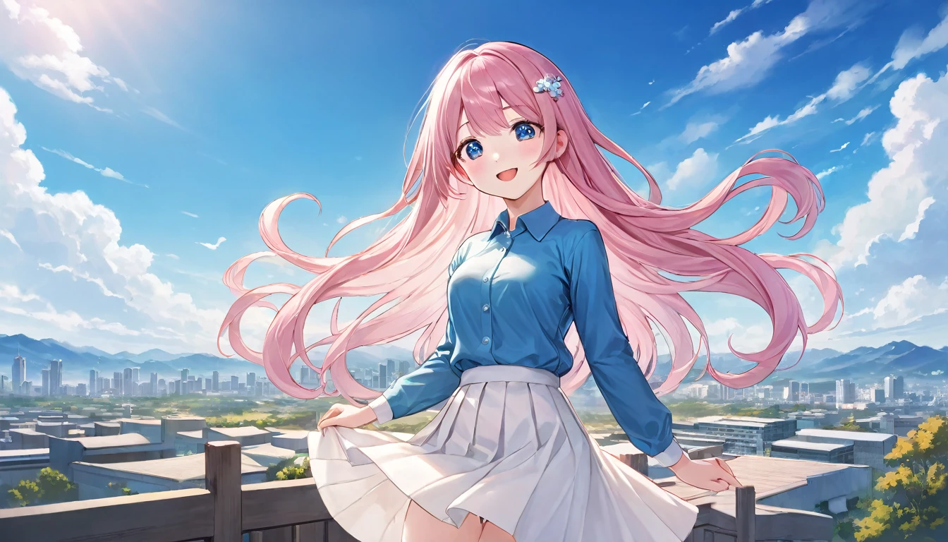 official art, masterpiece, Clear focus, (Beautiful, gorgeous and cute Korean woman:1.3), (beautiful and cute korean:1.3), Korean beauty, Exquisite and beautiful hair、Eyes and face, Practical, Super detailed, beautiful girl, Blue sky, Glowing white particles, (Side Light:1.2), Sunlight, Baiyun, Detailed clouds, slim, Very cute big  and big butt, Smile with teeth bared, ((Smile with your eyes, Open your eyes)), landscape, Long and straight hair, Sexy facial expressions, architecture, (city View:1.7), Dynamic Hair, Long and straight hair, Detailed platinum pink hair, Blue eyes, (Blue Pleated Shirt + White skirt), White socks, Pale skin, Hair accessories, epic landscape,