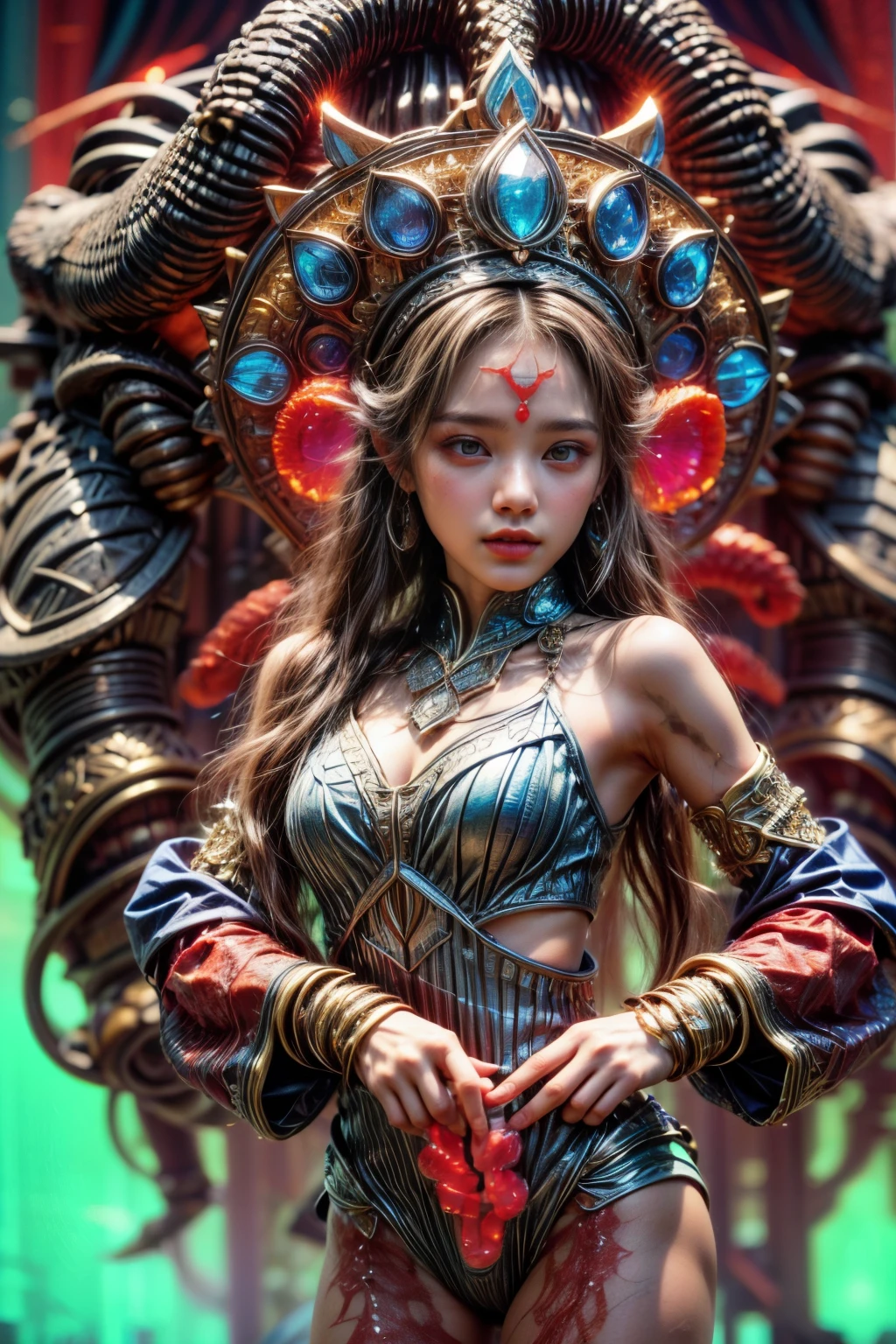 (A female Alien:1.2), Beautiful face,  ((There is a female genital-like organ in the middle of her forehead:1.8)), seduces, red eyes, Full body like, A sexy, alien, No humans, an alien, cells are fused, (Lots of blue tentacles), (blue skin:1.3), extraterrestrial, cell, bio image, charming, Best Quality, 8K,4K_quality, high_Definition,Dramatic Lighting, masutepiece:1.5,cinematic quality, detail up, (Intricate details:1.2), high resolution, High Definition, drawing faithfully, (Thick eyebrows:1.2), (a little large scarlet eyes:1.6), Beautiful eyes with fine symmetry, (Highly detailed face and eyes:1.2), (High-resolution red-eye:1.4), Intimate face, (Super detailed skin quality feeling:1.4), Perfect Anatomy,  (Beautiful toned body:1.5),  (Moist skin:1.2), No makeup, (dark circles:1.1), long canines