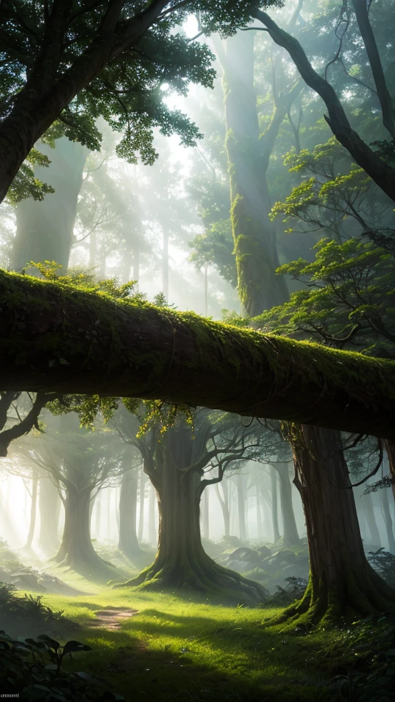 Mystical Forest PathA dense forest path enveloped in thick fog. Tall, ancient trees with gnarled branches and lush, green undergrowth. Soft rays of sunlight breaking through the canopy, illuminating the mist in ethereal beams.