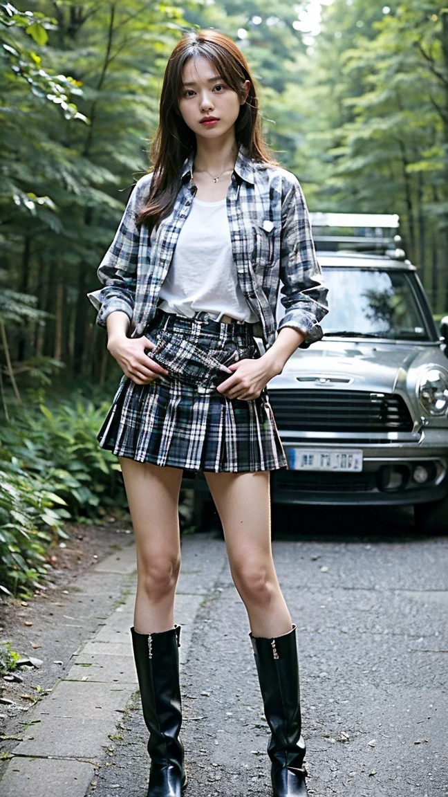 (8k、RAW Photos、highest quality、masterpiece:1.2)、(Realistic、Realistic)、1 girl、((Check shirt、mini skirt、boots、Big chest hair、View from the front、in the forest、Zoom out、Standing with hands on hips))、Lots of eyelashes、Glowing eyelids、skeletally correct