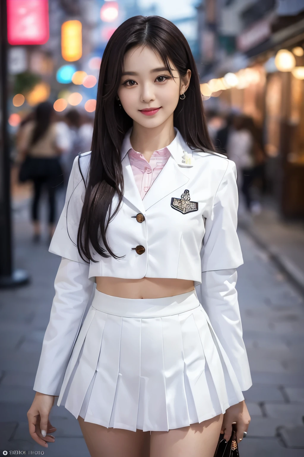 ((highest quality, 8k, masterpiece: 1.3)), Super cute beauty, 1 girl, (Beautiful breasts:1.3), (Abdominal muscles, Slim figure: 1.1), Sharp focus, (((Intricate details)), High detail, Upper Body, One Girl, Straight black hair with bangs, Japan uniform, White collar shirt, White Blazer, White pleated skirt, Knee-length skirt, 8k, 8k Resolution, Beautiful detailed face, Detailed body, Detailed clothing, Clear images, Japanese anime concept art, Topics on pixiv, Looking at the audience, Facing the audience, Seductive model posing, Captivating smile, Pink lipstick, Bokeh, field of depth, 8 Life-size, 8K resolution, Upper Body画像, Shot with EOS 5D Mark IV, 35mm lens, f1.8, Background of Paris cafe at night,