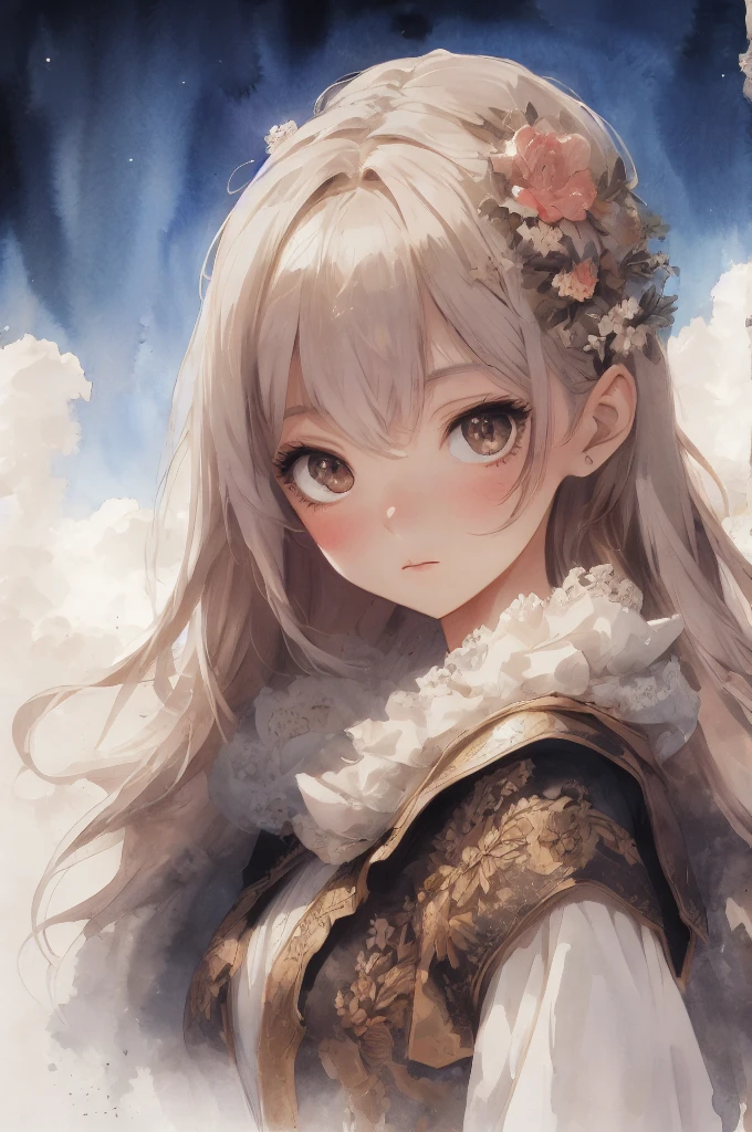 Absurd, High resolution, Super detailed, (One beautiful girl:1.3), Ivory clothes, Thunder, de luz, Watercolor style, Soft Blending, Dreamy wash, Warm texture,