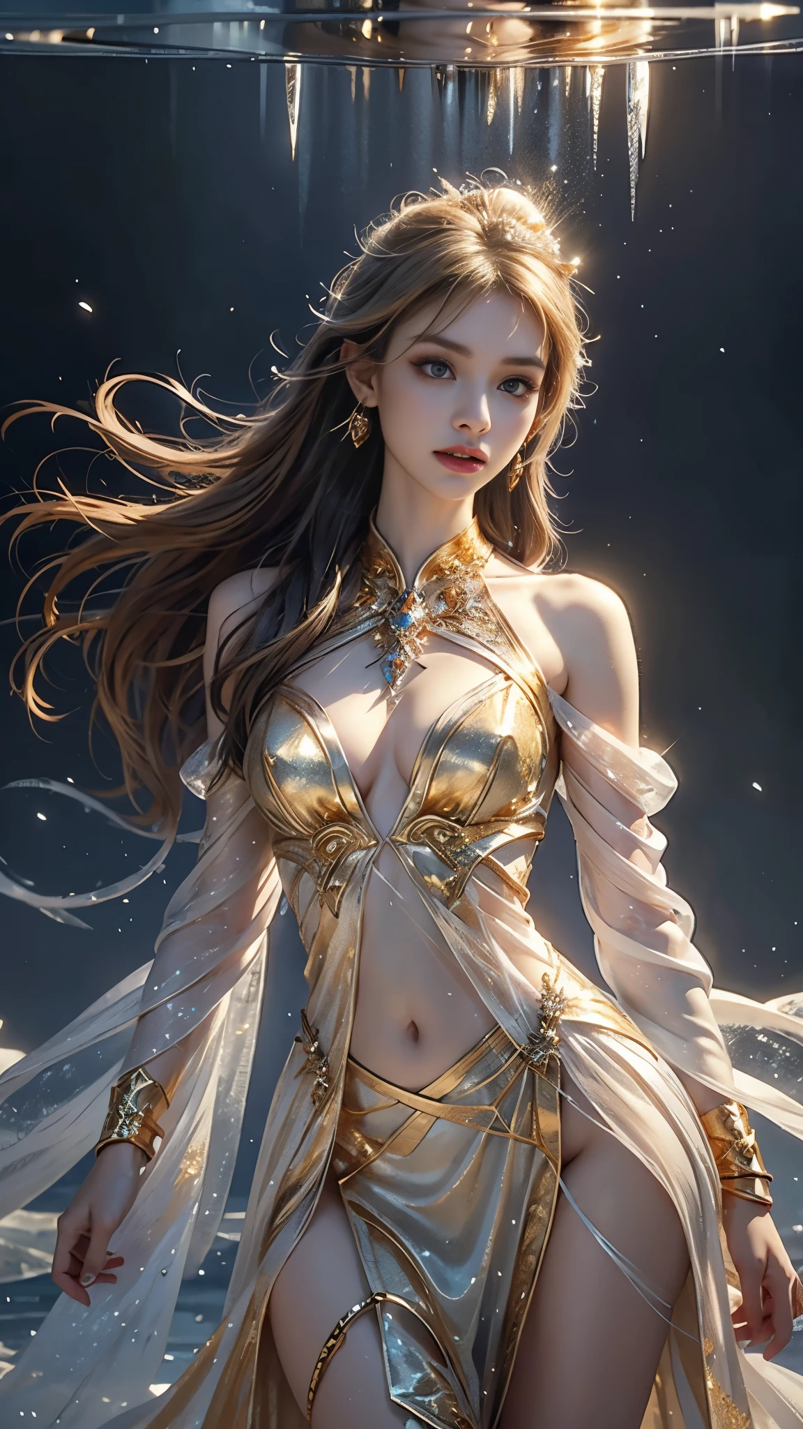 a beautiful ice goddess, good face, happy face, very long hair, realistic eyes, small breasts, ice magician, ice elemental, intricate design and details, chilling mist, cold, blizzard storm, conjuring ice spell, casting ice spell, detailed dress, (golden dress:1.5), ((navel)), realistic ice effect, ((ice:1.5)), snow particles, dark fantasy art style, ruined city, dramatic lighting, cinematic,