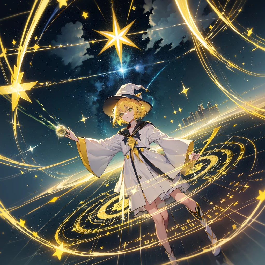 ((Yellow Hair　magic circle　Witch Hat　Green Eyes))　((thunder　Blitz　thunderの杖　starのペンダント　electricity　lightning))　(Magic Robe　shine　star　Streaks of Light　Black Hole)　moon　彗star　incantation　Runes　cool