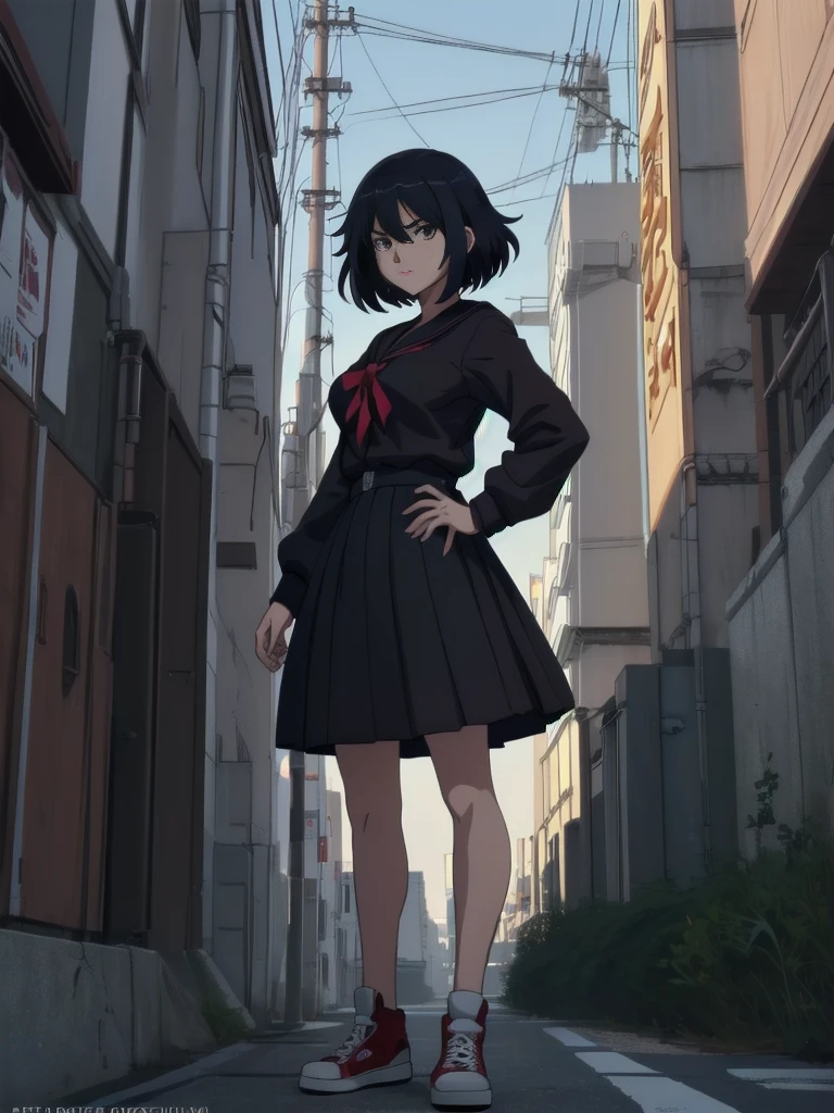 (perfect composition), (high resolution, masterpiece, ultra best quality, ultra HD, 4k,HD, high detailed ),anime character Sukeban delinquent girl  standing on a city street corner in black seifuku with black very long skirt, anime style. 8k, anime style mixed with fujifilm, retro anime girl, anime styled digital art, in tokyo, anime style illustration, anime style 4 k, anime style artwork, anime poster film still portrait, tokyo anime scene, modern anime style, anime style digital art, short hair, 26year old, red converse,