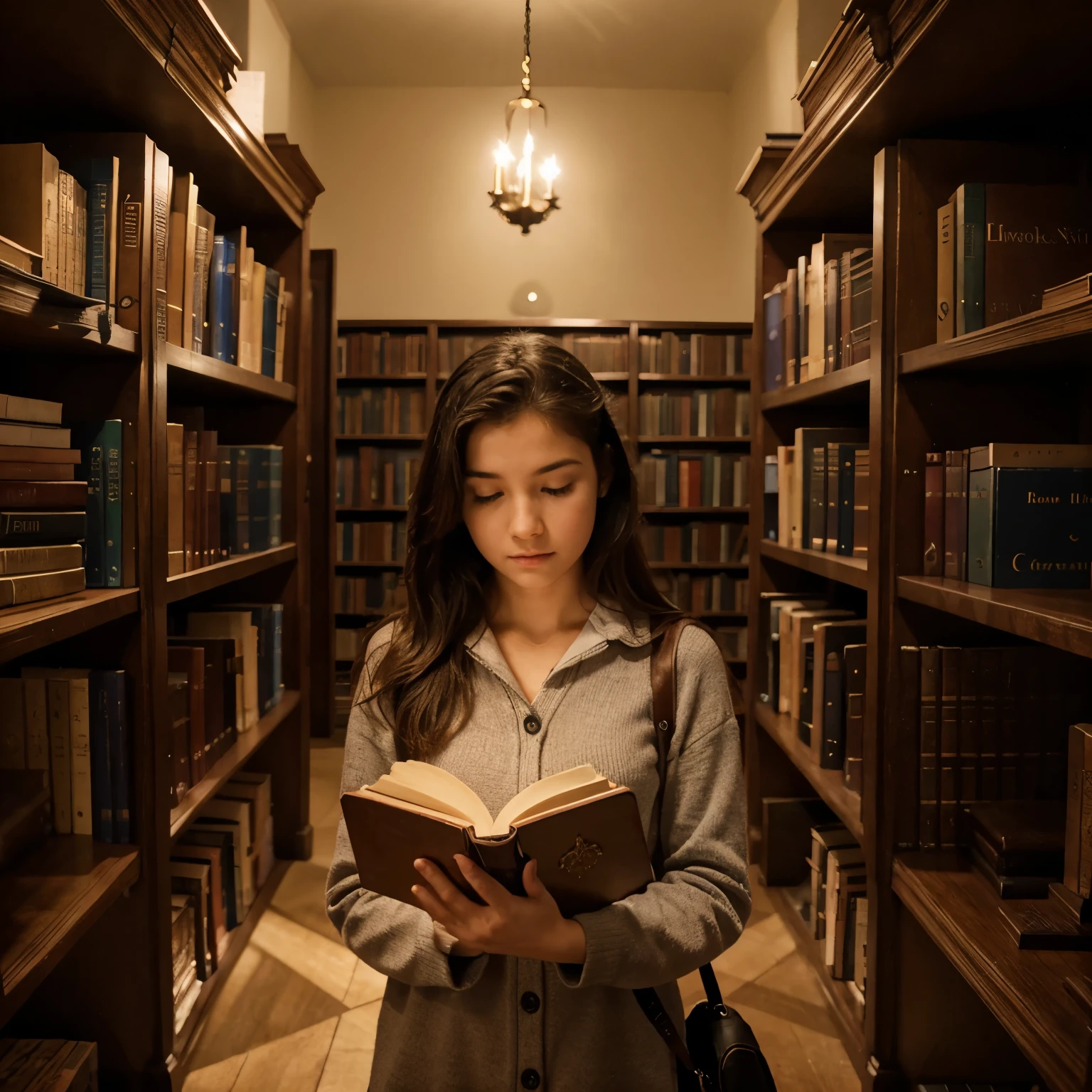 Girl finds a magic book in library.
 background location is his secret room, photo realistic.