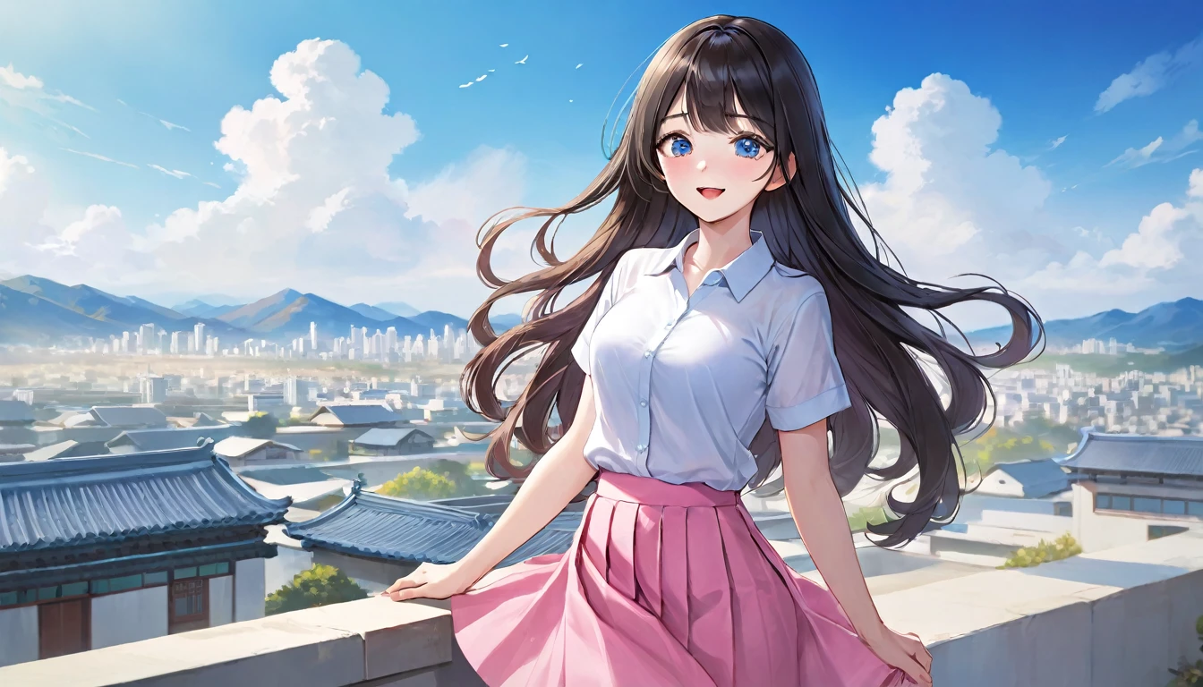 official art, masterpiece, Clear focus, (Beautiful, gorgeous and cute Korean woman:1.3), (beautiful and cute korean:1.3), Korean beauty, Exquisite and beautiful hair、Eyes and face, Practical, Super detailed, beautiful girl, Blue sky, Glowing white particles, (Side Light:1.2), Sunlight, Baiyun, Detailed clouds, slim, Very cute big and big butt, Smile with teeth bared, ((Smile with your eyes, Open your eyes)), landscape, Long and straight hair, Sexy facial expressions, architecture, (city View:1.7), Dynamic Hair, Long and straight hair, fine black hair, Blue eyes, (Pink Pleated Shirt + Blue Skirt), White socks, Pale skin, Hair accessories, epic landscape,