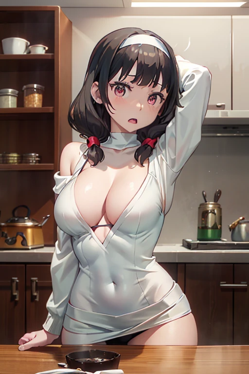 masterpiece, yor, 1girl, Bust A Cup, Amazing Cleavage:1.3, thin waist, big ass, Raised sexy, big breast: 1.2 posed cleavage:1.2、solo, looking at viewer, open mouth, have a cute grass of cute beergrass,black hair, red eyes, dress, bare shoulders, jewelry, collarbone, sidelocks, hairband, earrings, indoors, off shoulder, :o, sweater, arms behind back, plant, short hair with long locks, white hairband, off-shoulder dress, sweater dress, off-shoulder sweater, red sweater, big side hair, very long side hair,is rendered in (masterpiece: 1.2, best quality), with (ultra high resolution) and an exquisite (depth of field). This masterpiece is not only visually stunning but also tells,A scene of cooking in the kitchen