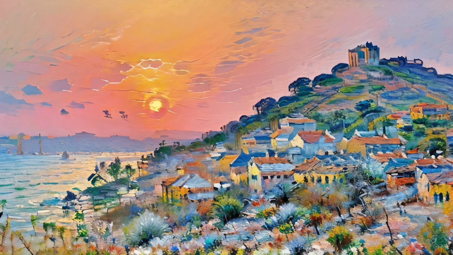 (Claude Monet Style), Impressionism, Soft Light, pastel colour, A blurry brushstroke, Dreamy, Narrative, (colorful), (Brazil), (Slum Street), (Slums), ((Rows of houses)), ((hill)), (Rio de Janeiro), (Favela), Colorful, contrast, Lively, Style, Unique atmosphere, Landscape painting, Artistic, Smooth, Soft, Sunlight, Sunshine, Natural beauty, Harmony, Vibrant colors