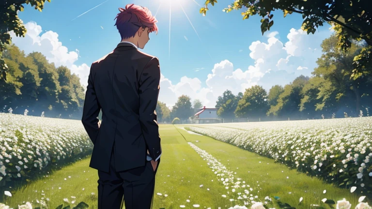 A young man with (hair color) hair stands contemplatively in a field, bathed in sunlight, facing two vibrant rose gardens separated by a path - one bursting with white roses, the other with red roses in various stages of bloom.