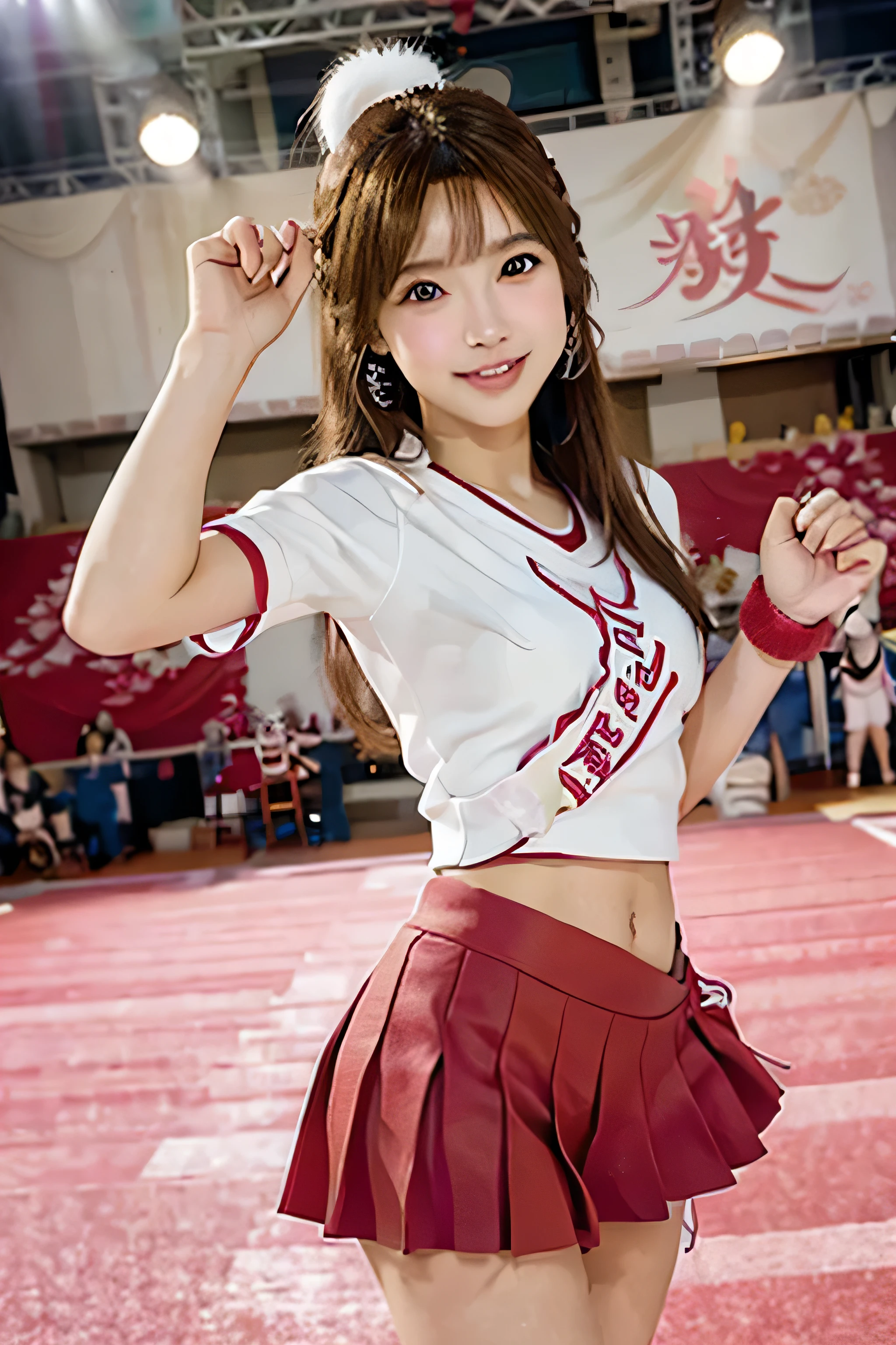 Beautiful Japanese idol cheerleader poster,Painting,High resolution,Very detailed,Realistic:1.37,Bright colors,High resolution,Studio Lighting,Sharp focus, Dance cheerfully,Smile happily,Perfect Makeup,Great costumes, Crowd cheers,An exciting atmosphere,Dynamic pose,expressive movement, Beautiful Hair,Sparkling eyes,Rose Cheeks,Fuller lips, White pom-poms,Shining Spotlight, Captivating performance,Cheerful cheers,Unforgettable memories、
