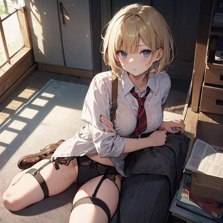 Short haircut、Blonde、tits、high school、uniform、garter belt、Open your legs while crouching、Perfect body