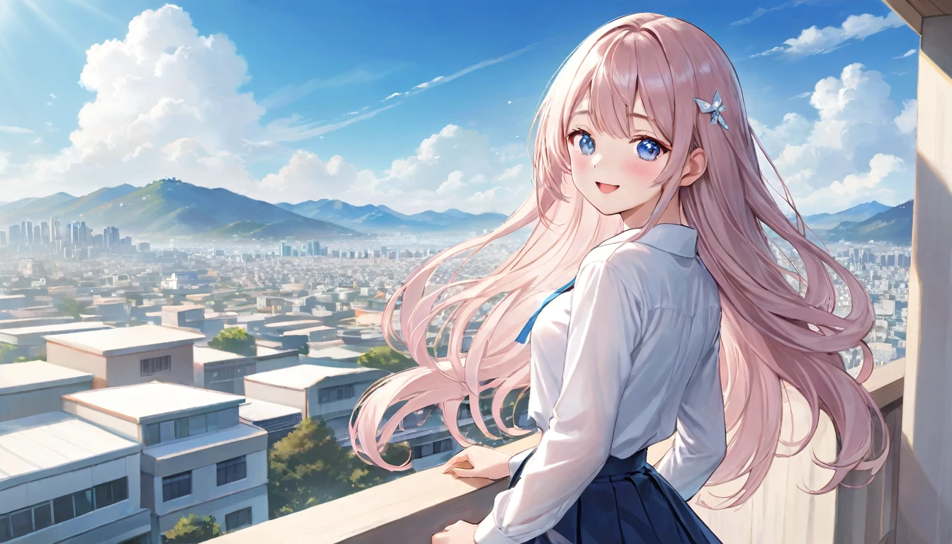 official art, masterpiece, Clear focus, (Beautiful, gorgeous and cute Korean woman:1.3), (beautiful and cute korean:1.3), Korean beauty, Exquisite and beautiful hair、Eyes and face, Practical, Super detailed, beautiful girl, Blue sky, Glowing white particles, (Side Light:1.2), Sunlight, Baiyun, Detailed clouds, slim, Very cute big and big butt, Smile with teeth bared, ((Smile with your eyes, Open your eyes)), landscape, Long and straight hair, Sexy facial expressions, architecture, (city View:1.7), Dynamic Hair, Long and straight hair, fine white hair, Blue eyes, (Pink Pleated Shirt + Blue Skirt), White socks, Pale skin, Hair accessories, epic landscape,