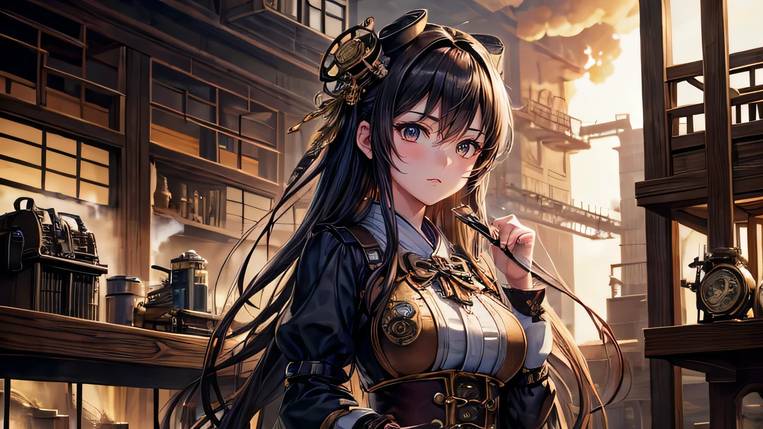 base layer: A super-detailed drawing of the steampunk world, The gears are stuck, Steam engine, Industrial revolution gadgets, piston, Muffler spewing steam, shaft, Pressure, and meters, BREaK Middle Layer: Steam Princess, Cute girl in anime style, Embodying the fusion of Taisho romantic fashion and steampunk decorations and accessories, BREaK Foreground Layer: yeah/a (yeaho specific additional elements beyond the main character and setting), BREaK Effect Layer: Highlighting the intricate detail of the steampunk background and the unique character design of the Steam Princess, BREaK Final Touches: Creating a harmonious blend of Japanese and steampunk aesthetics, Celebrating Science and Technology.