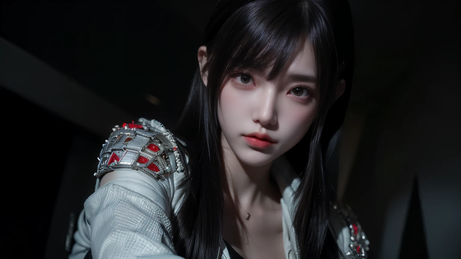 tmasterpiece,Best quality,A high resolution,8K,(Portrait photograph:1.5),(ROriginal photo),real photograph,digital photography,(Combination of cyberpunk and fantasy style),(Female soldier),20 year old girl,random hair style,By bangs,(Red eyeigchest, accessories,Redlip,(He frowned,Sneer),(Cyberpunk combined with fantasy style clothing,Openwork design,joint armor,police uniforms,White jacket,Red),exposing your navel,Photo pose,Realisticstyle,Thunder and lightning on rainy day,(Thunder magic),oc render reflection texture