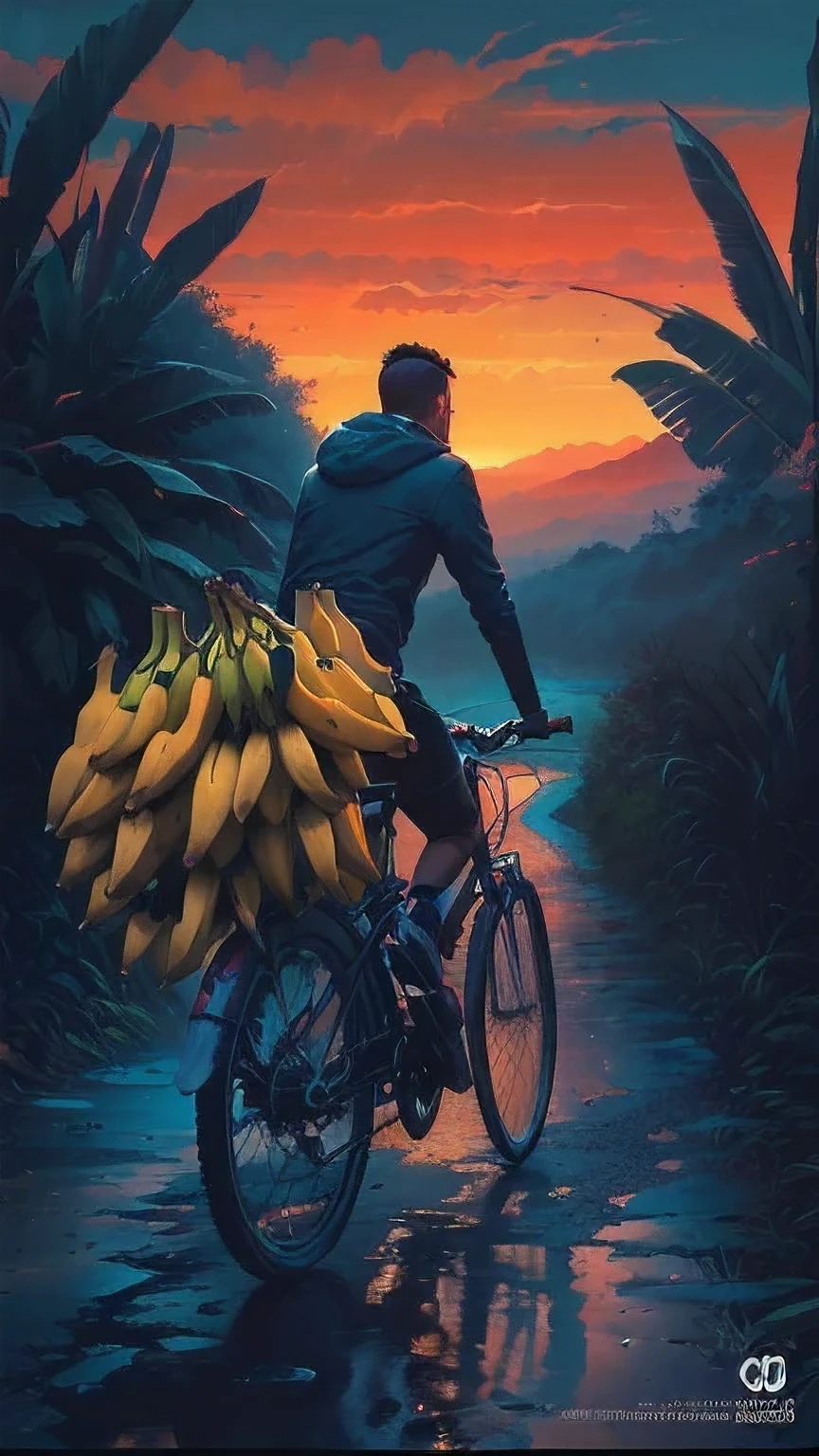 There was a man riding a bicycle，There was a bunch of bananas on the back seat of the car, Inspired by Cyril Rolando (Cyril Rolando), music The album cover, Just relax, lofi The album cover, Santorah Style, The album cover, Stunning art style, Lofi Hip Hop, extremely High quality artwork, banana tree, High quality artwork, author：Matt Stewart, Lofi Art