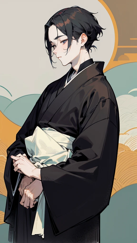 Black kimono from the Taisho period、（Pale-faced man）、（Sick man）、Upper Body、