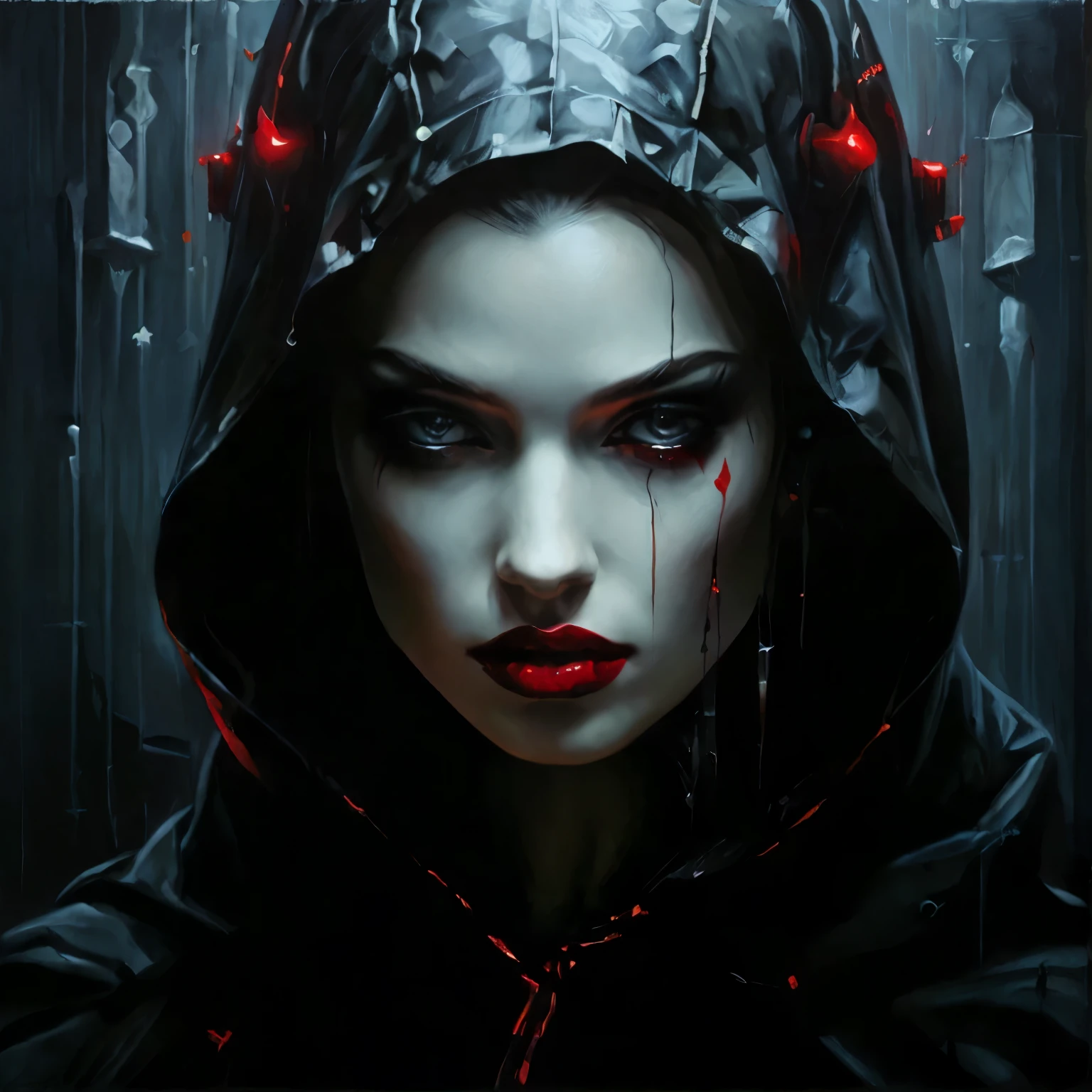 painting of a woman with blood dripping down her face and hood, dark fantasy style art, dark fantasy art, dark fantasy artwork, in style of dark fantasy art, dark fantasy horror art, fantasy dark art, gothic fantasy art, dan mumford tom bagshaw, dark fantasy oil painting, dark fantasy portrait, wlop art, inspired by Marek Okon