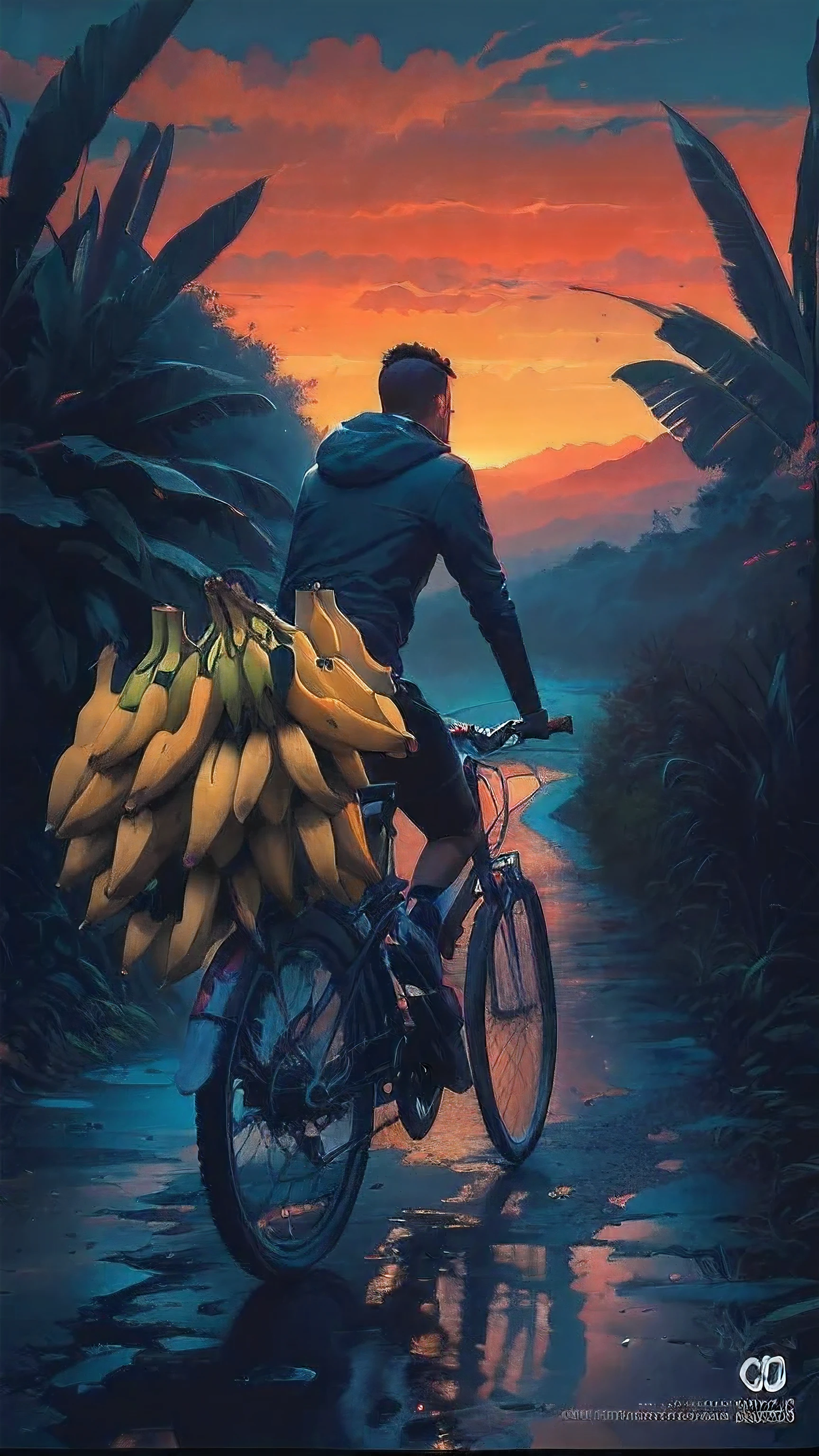 There was a man riding a bicycle，There was a bunch of bananas on the back seat of the car, Inspired by Cyril Rolando (Cyril Rolando), music The album cover, Just relax, lofi The album cover, Santorah Style, The album cover, Stunning art style, Lofi Hip Hop, extremely High quality artwork, banana tree, High quality artwork, author：Matt Stewart, Lofi Art