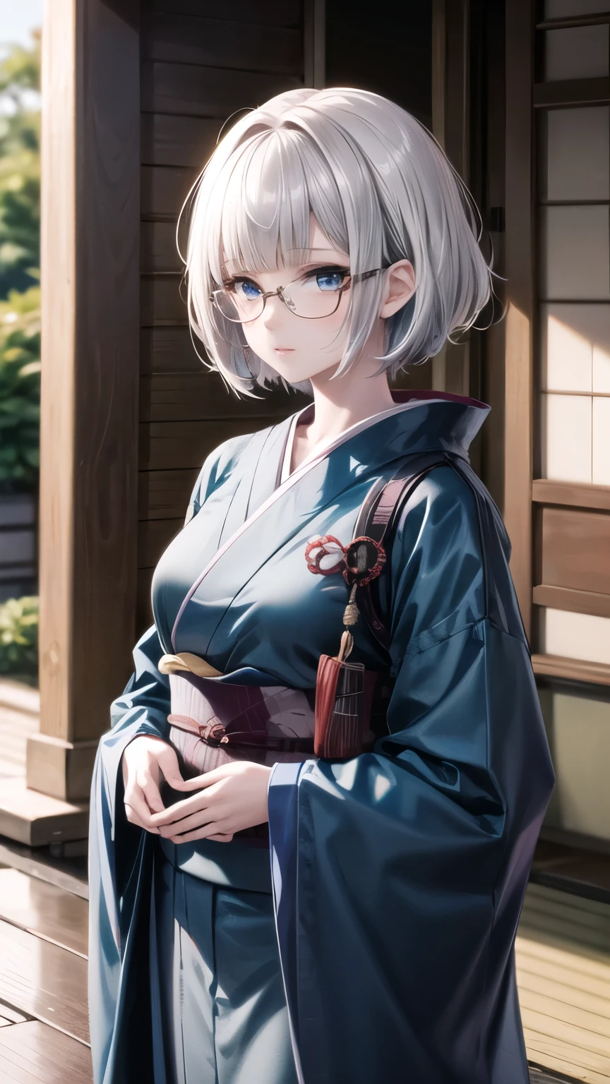 1Lady, short silver hair, bangs, blue eyes, wearing glasses, kimono, traditional japanese, high res, ultrasharp, 8K, masterpiece, looking at viewer, sunny, Japanese scenery