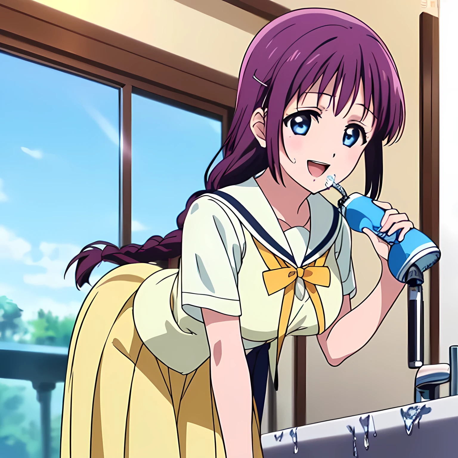 highest quality, (masterpiece:1.2), Very detailed, Game CG, ((((Very beautiful school uniform1A girl is bending over and drinking water from a tap)))), ((The girl everyone loves)), (((Very beautiful long pink hair))), ((((Yellow sailor suit)))), ((Sailor uniforms have blue lines)), ((Dark navy blue checked long skirt)), ((((Very beautiful and shining eyes)))), ((Very long eyelashes)), A big red ribbon on the chest, ((An elegant expression like a noble princess)), (((Beautiful and great smile))), Small face and great posture, ((Give the viewer a heavenly feeling of happiness)), (((Blur the background))), ((A very compassionate face)), ((Anime heroine smiling and open mouth)), ((Slender and shapely breasts)), ((Shooting from the side)), ((((Water gushes out of an upward facing faucet)))), ((Watching the faucet))