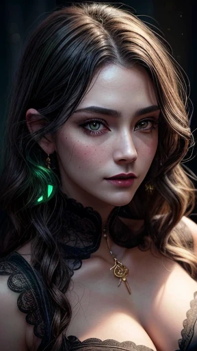 ((best quality: 1.5)) ((masterpiece)), intricate details, soft focus, professional, real life, realistic representation of the face, dim volumetric lighting, dynamic pose, in the style of realistic and hyper detailed renderings BREAK (detailed 20 year old woman, (((blackout gothic eye makeup, (portrait, cheekbones, thick), black lips, pointed chin, smiling), clear green eyes, short curly [blonde hair:white hair:0.3], Victorian green chinoiserie gold dress, high collar, film grain, bokeh, black background, dark empty room, golden hour), emerald, nose piercing, determined expression), freckles:0.8), photorealistic, hyper-realistic, 8K