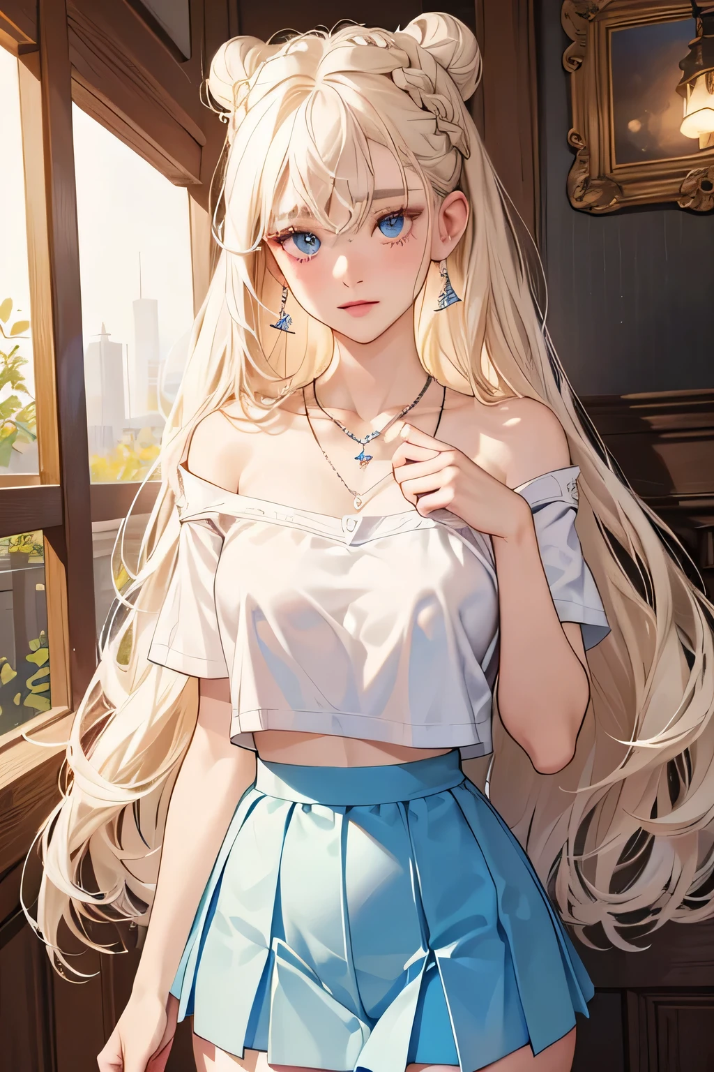 (extreamly delicate and beautiful:1.2), 8K,(masterpiece:1.0),(best_quality:1.0), 1 girl,model and intricate detailing, Enlarged textures, and intricate detailing, finely eye and detailed face, and intricate detailing, shiraga, platinum blonde curls long hair, (closed mouths), Perfect eyes, Equal eyes, carolina eyes (A famale god) with white polo croptee croptop short sleeved shirt and blue maroon short skirt, carolina eyes perfect, perfect, earing, hairpin, perfect body, sexy body, carolina blue perfect eyes, lips nude, necklace, little blush on nude, bun braid our hair, look at camera
