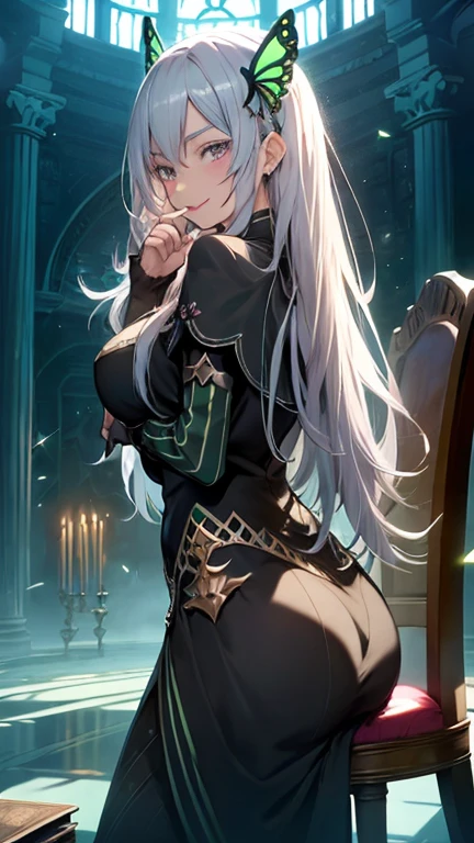 ((highest quality)),High resolution,Sharp focus,(Super detailed,Very detailed), (Very detailed CG unity 8k wallpaper),(((Vibrant colors))),Anime Style, Natural skin texture 鮮明な詳細, (Realistic eyes, Natural skin texture, Realistic facial details), 1 girl, Beautiful and elaborate face, Perfect Eyes,((Silver Hair)),Long Hair,Echidna, Deep purple eyes, Butterfly Hair Ornament, (Colored eyelashes:1.1), eye shadow,Red pink lips,Big and ample breasts,Camel Toe (Flying debris, 超High resolution),(((Black and Green Theme))),Wear an iridescent aura, Invisible Light, Amazing shine, Neon green glow, The colors of another world, Bright colors, Ghostly Effects,Surreal Landscape, Arrogant look, Domineering smile,Long sleeve,Black long dress,Capelet,,Put your hand on your cheek,Sit on a chair,Lean back,Large library,The library was lit by candles,The floor is full of books piled up, In the background is a large round window depicting a galaxy with constellations.,Cinematic Light. Soft lighting, View from below,(looking side1.4)
