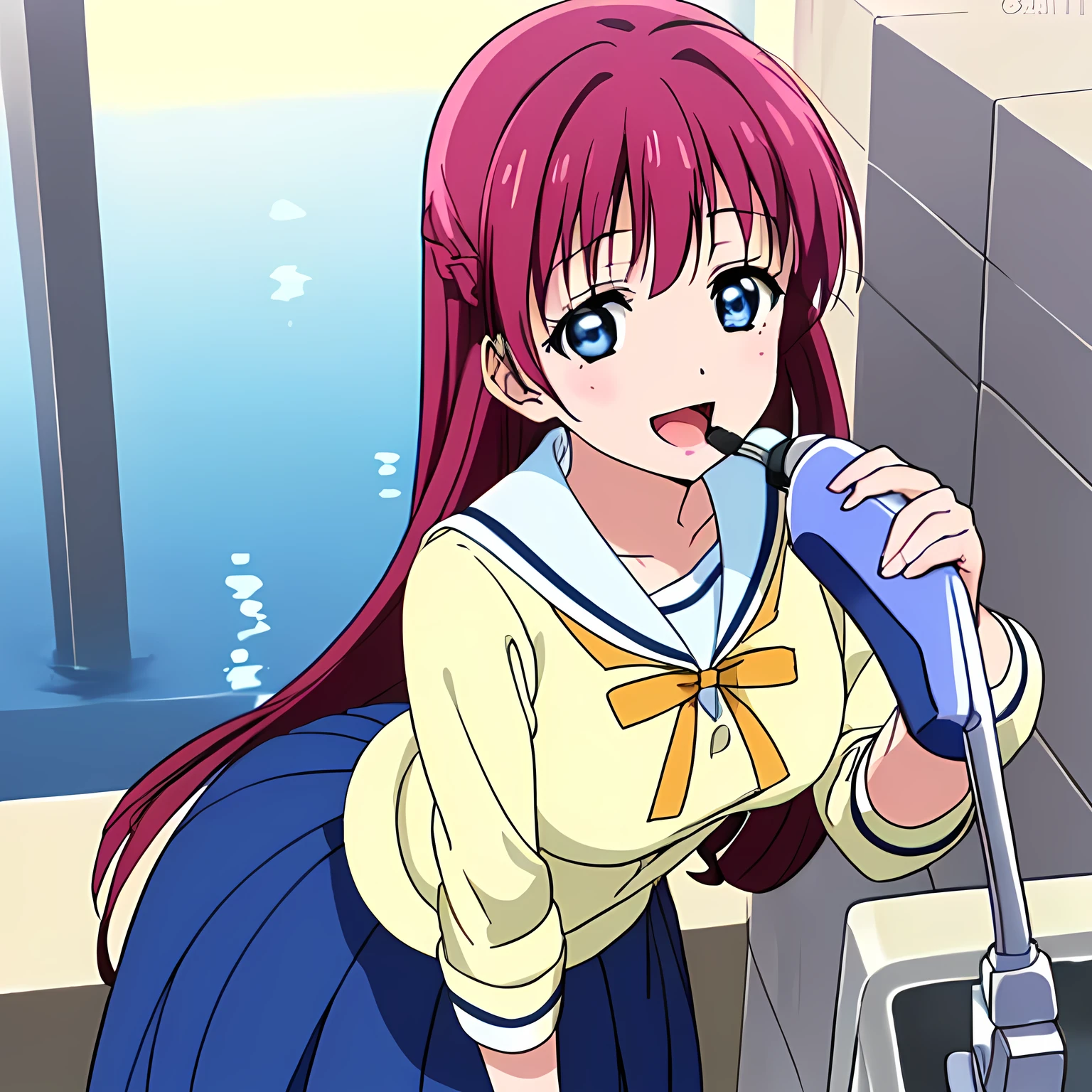 highest quality, (masterpiece:1.2), Very detailed, Game CG, ((((Very beautiful school uniform1A girl is bending over and drinking water from a tap)))), ((The girl everyone loves)), (((Very beautiful long pink hair))), ((((Yellow sailor suit)))), ((Sailor uniforms have blue lines)), ((Dark navy blue checked long skirt)), ((((Very beautiful and shining eyes)))), ((Very long eyelashes)), A big red ribbon on the chest, ((An elegant expression like a noble princess)), (((Beautiful and great smile))), Small face and great posture, ((Give the viewer a heavenly feeling of happiness)), (((Blur the background))), ((A very compassionate face)), ((Anime heroine smiling and open mouth)), ((Slender and shapely breasts)), ((Shooting from the side)), ((((Water gushes out of an upward facing faucet)))), ((Watching the faucet))