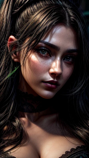 ((best quality: 1.5)) ((masterpiece)), intricate details, soft focus, professional, real life, realistic representation of the face, dim volumetric lighting, dynamic pose, in the style of realistic and hyper detailed renderings BREAK (detailed 20 year old woman, (((blackout gothic eye makeup, (portrait, cheekbones, thick), black lips, pointed chin, smiling), clear green eyes, short curly [blonde hair:white hair:0.3], Victorian green chinoiserie gold dress, high collar, film grain, bokeh, black background, dark empty room, golden hour), emerald, nose piercing, determined expression), freckles:0.8), photorealistic, hyper-realistic, 8K