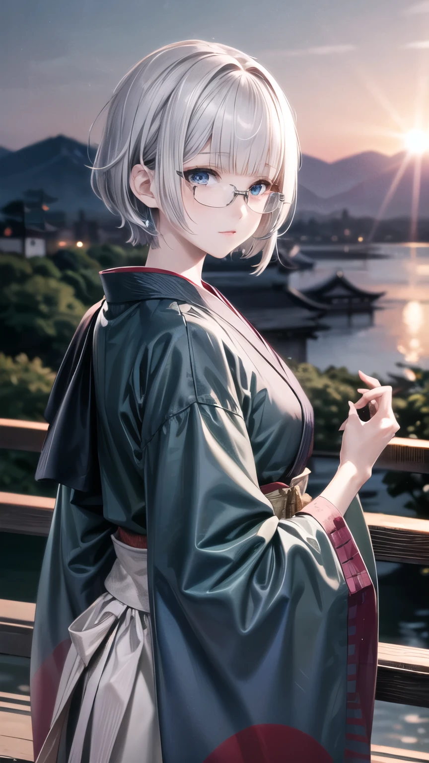 1Lady, short silver hair, bangs, blue eyes, wearing glasses, , traditional japanese, high res, ultrasharp, 8K, masterpiece, looking at viewer, sunny, Japanese scenery