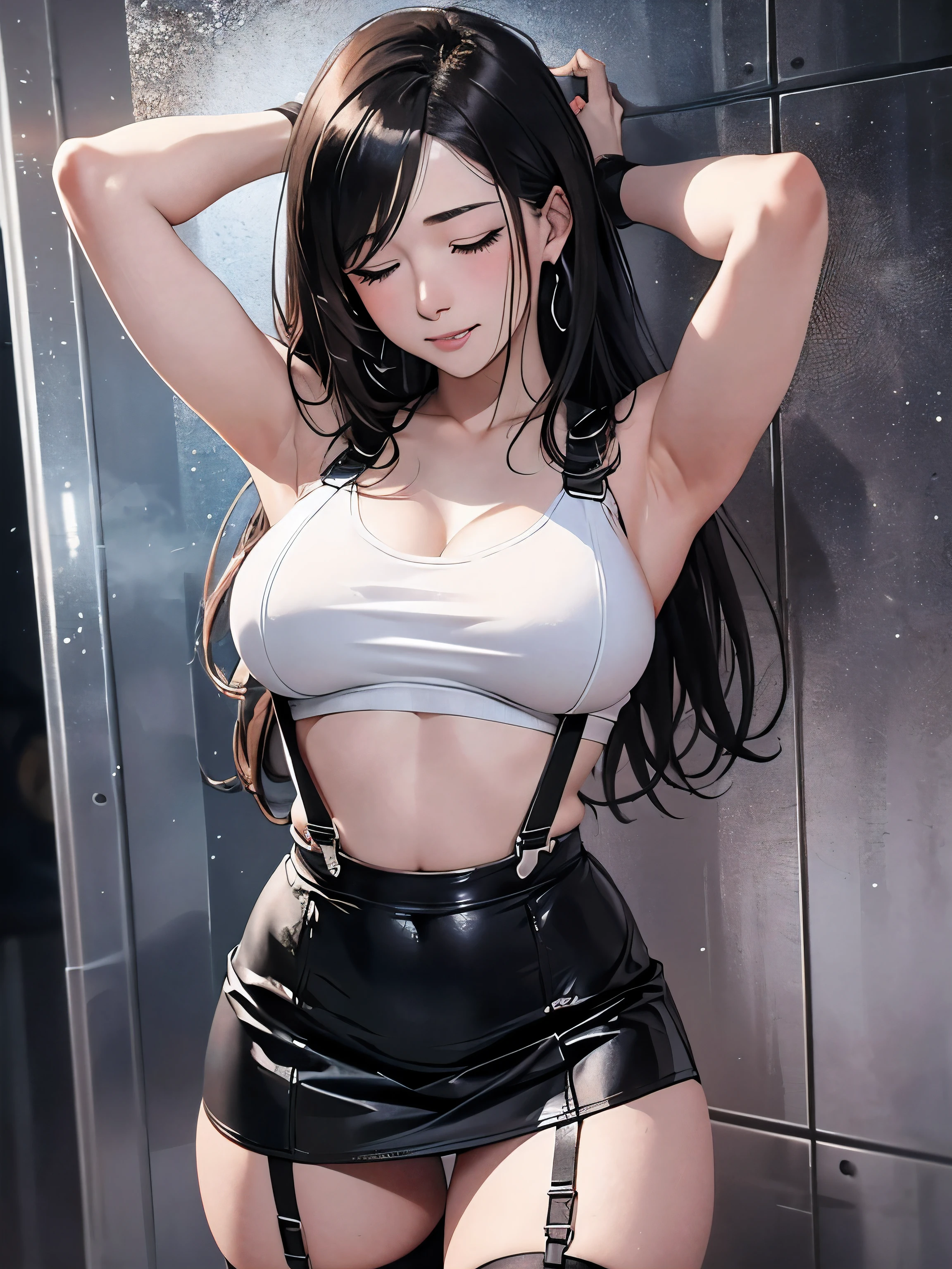 8k,masterpiece, bset quality,big, (1 girl), tifa lockhart, red_eyes, black hair, long hair, shiny skin, shiny big, ((best quality)), crisp focus: 1.2, highly detailed face and skin texture, detailed eyes, perfect face, perfect body, art, cg, blur background, big with presence, (20yo, Mature cool and beautiful face), wearing ((suspender black skirt), black elbow gloves, white taut shirt, thigh, white tank top, navel, jukebox, old bar, upper body, smile, nsfw,(ecstasy:1.3) ,(slut:1.2),(vulgarity:1.3),(fucked silly:1.1),(steam:1.1),(wet:0.8),(trembling:0.8),(tears:0.7) ,(drooling:0.6),(sweat:0.8),sexy lingerie ,(closed eyes:1.4), biting one’s lip,