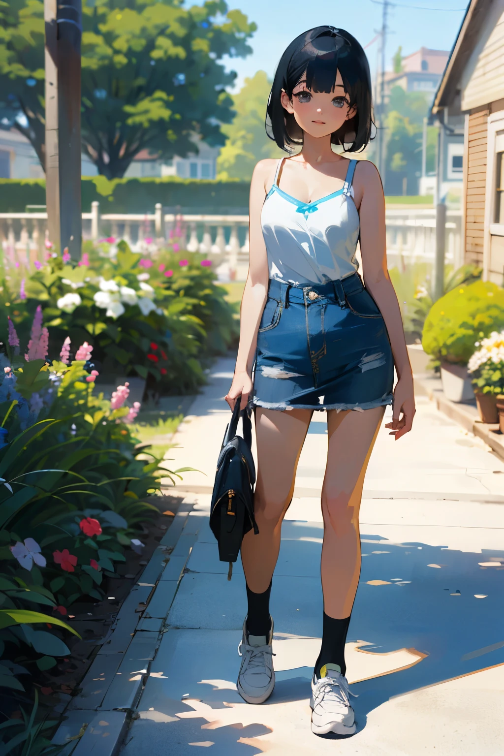 (high quality, High resolution, Very detailed, reality:1.37), Peaceful atmosphere, (Outdoor, garden), Teenage girl standing alone, (my breasts are big.), Beautiful details, Cute Smile, (Black bob hair), camisole, Denim skirt, Blue socks, sneakers.