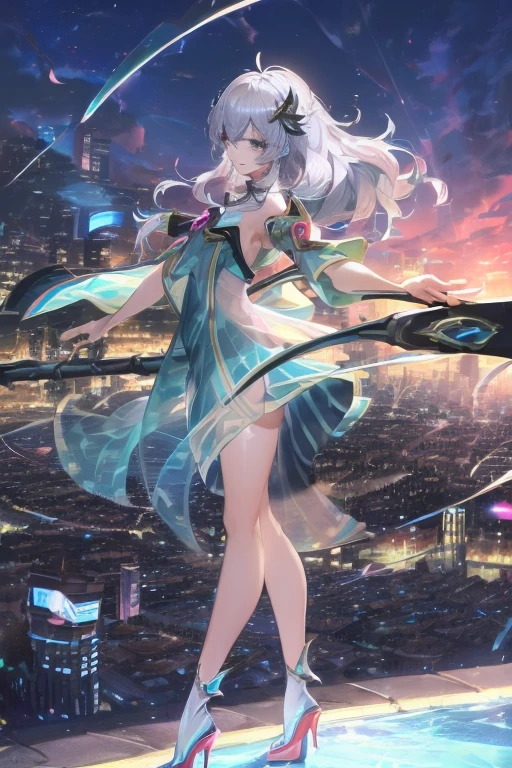 official art, masterpiece, Sharp focus, (Beautiful, gorgeous and cute Korean woman:1.3), (beautiful and cute korean:1.3), Korean beauty, Exquisite and beautiful hair、Eyes and face, Practical, Ultra Detailed, beautiful girl, Blue sky, Glowing white particles, (Side Light:1.2), Sunlight, Baiyun, Detailed clouds, slim, Very cute big and big butt, Smile with teeth bared, ((Smile with your eyes, Open your eyes)), landscape, Long and straight hair, Sexy facial expressions, architecture, (city View:1.7), Dynamic Hair, very Long and straight hair, Delicate platinum silver hair, Green eyes, Pink skirt, Black socks, Pale skin, Hair accessories, epic landscape,,White high heels,Nice butt,Beautiful buttocks,Nothing under the skirt,Weight loss