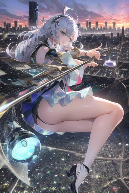 official art, masterpiece, Sharp focus, (Beautiful, gorgeous and cute Korean woman:1.3), (beautiful and cute korean:1.3), Korean beauty, Exquisite and beautiful hair、Eyes and face, Practical, Ultra Detailed, beautiful girl, Blue sky, Glowing white particles, (Side Light:1.2), Sunlight, Baiyun, Detailed clouds, slim, Very cute big and big butt, Smile with teeth bared, ((Smile with your eyes, Open your eyes)), landscape, Long and straight hair, Sexy facial expressions, architecture, (city View:1.7), Dynamic Hair, very Long and straight hair, Delicate platinum silver hair, Green eyes, Pink skirt, Black socks, Pale skin, Hair accessories, epic landscape,,White high heels,Nice butt,Beautiful buttocks,Nothing under the skirt,Weight loss