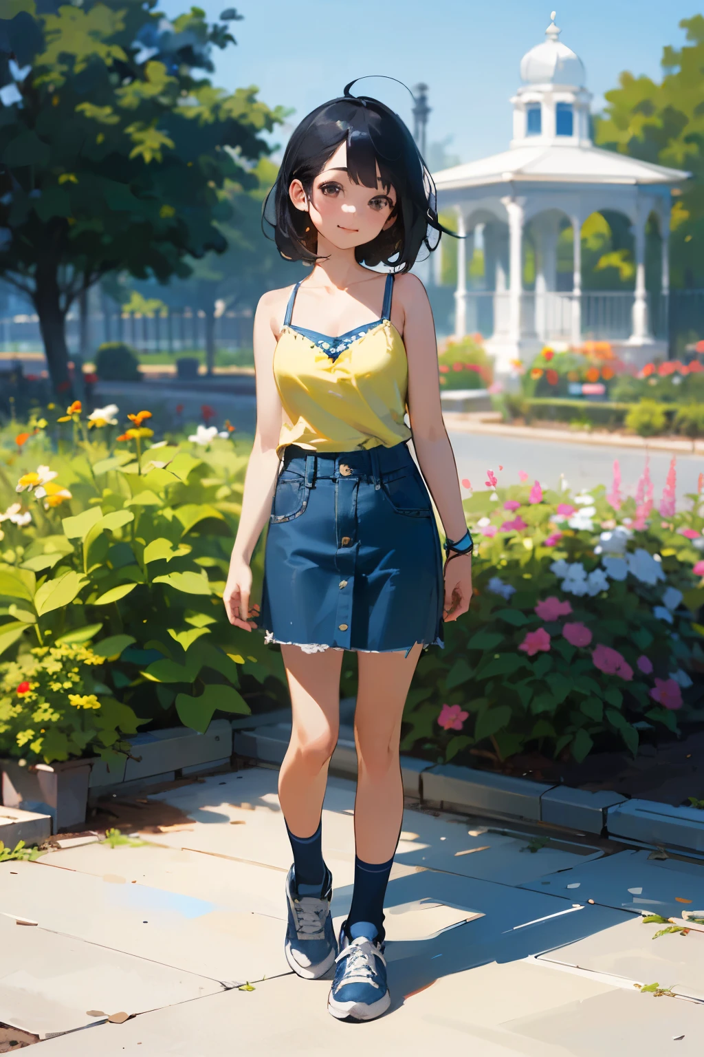 (high quality, High resolution, Very detailed, reality:1.37), Peaceful atmosphere, (Outdoor, garden), Teenage girl standing alone, (my breasts are big.), Beautiful details, Cute Smile, (Black bob hair), camisole, Denim skirt, Blue socks, sneakers.