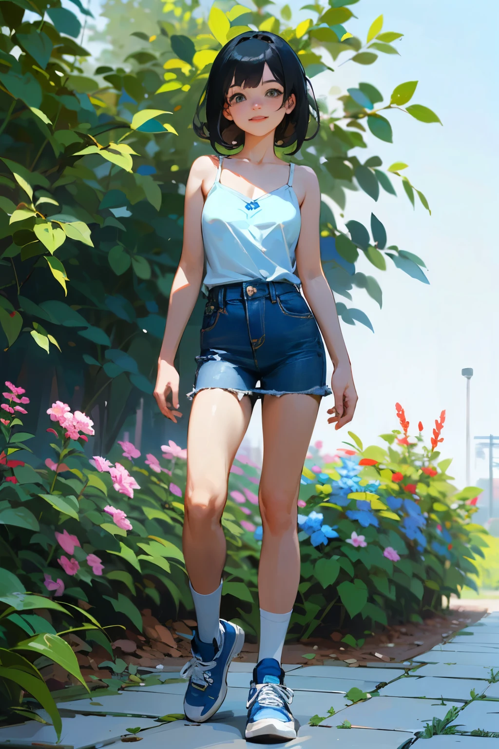 (high quality, High resolution, Very detailed, reality:1.37), Peaceful atmosphere, (Outdoor, garden), Teenage girl standing alone, (my breasts are big.), Beautiful details, Cute Smile, (Black bob hair), camisole, Denim skirt, Blue socks, sneakers.